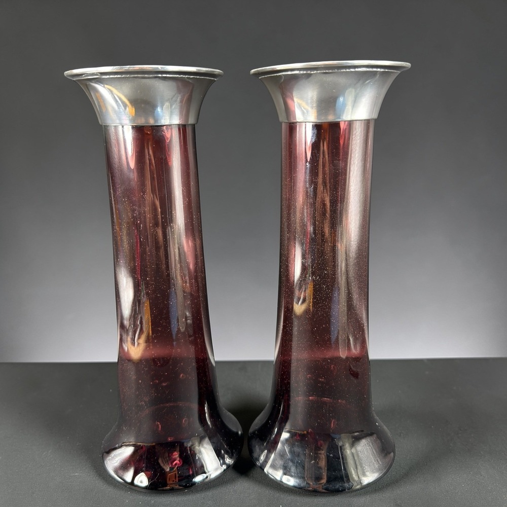 Ralph Lauren Purple Glass Candlesticks Silver Metal Rim Plum Seeded Glass Pair